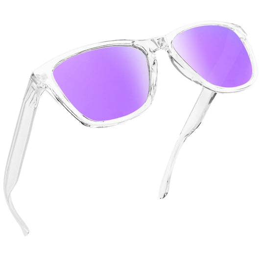 Polarized Sports Sunglasses for Men Women Classic Transparent Frame UV400 Mirrored Lens (Clear Mirrored Purple)