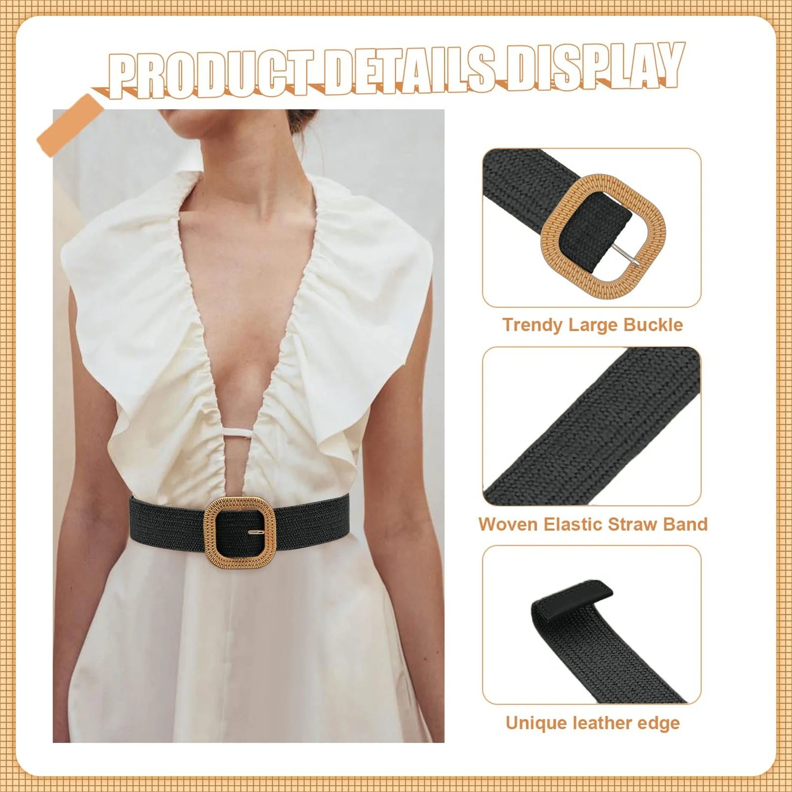 Belts for Women Women Belt Straw Woven Elastic Stretch Wide Waist Belts for Dresses with Buckle Black + One Size