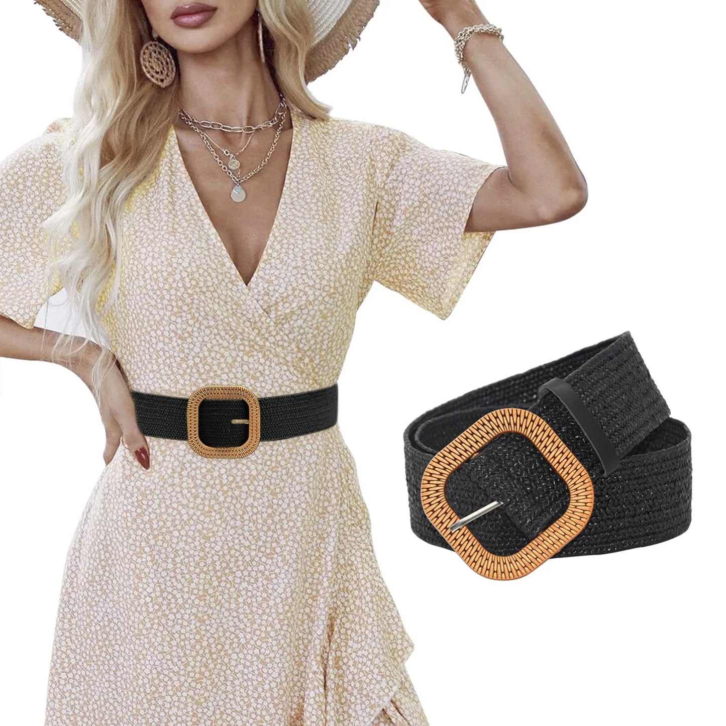 Belts for Women Women Belt Straw Woven Elastic Stretch Wide Waist Belts for Dresses with Buckle Black + One Size