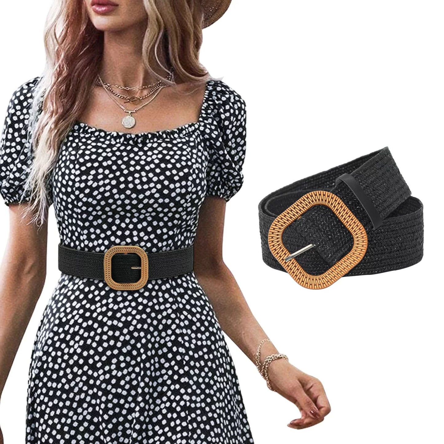 Belts for Women Women Belt Straw Woven Elastic Stretch Wide Waist Belts for Dresses with Buckle Black + One Size