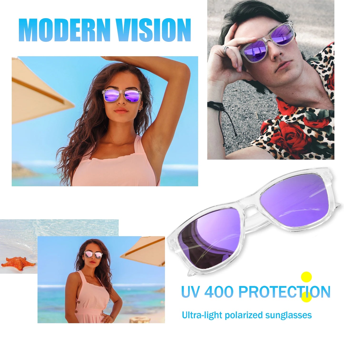 Polarized Sports Sunglasses for Men Women Classic Transparent Frame UV400 Mirrored Lens (Clear Mirrored Purple)