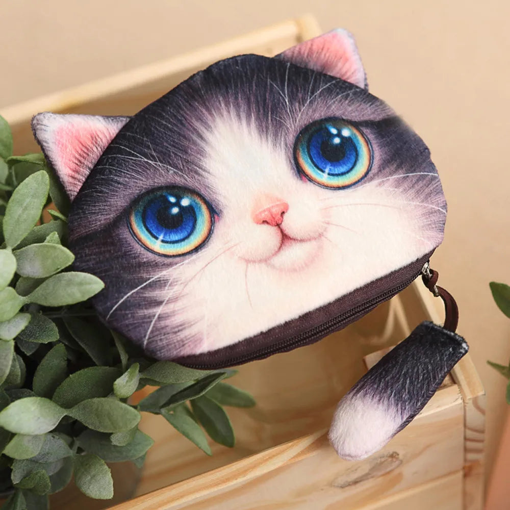 Women Cute 3D Print Cat Girls Tail Plush Coin Purse Change Purse Bag Wallet Keychain Bags Cotton Card Holder Money Clips