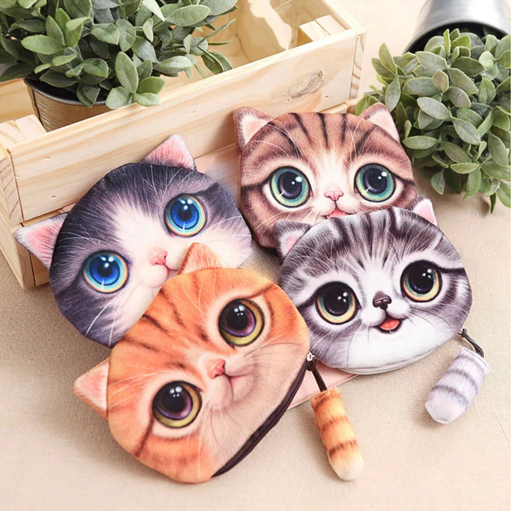 Women Cute 3D Print Cat Girls Tail Plush Coin Purse Change Purse Bag Wallet Keychain Bags Cotton Card Holder Money Clips