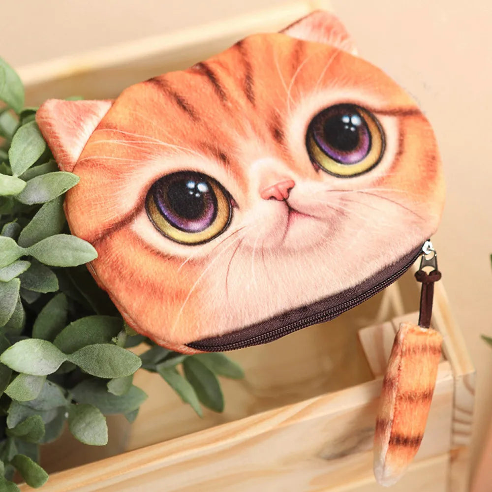 Women Cute 3D Print Cat Girls Tail Plush Coin Purse Change Purse Bag Wallet Keychain Bags Cotton Card Holder Money Clips