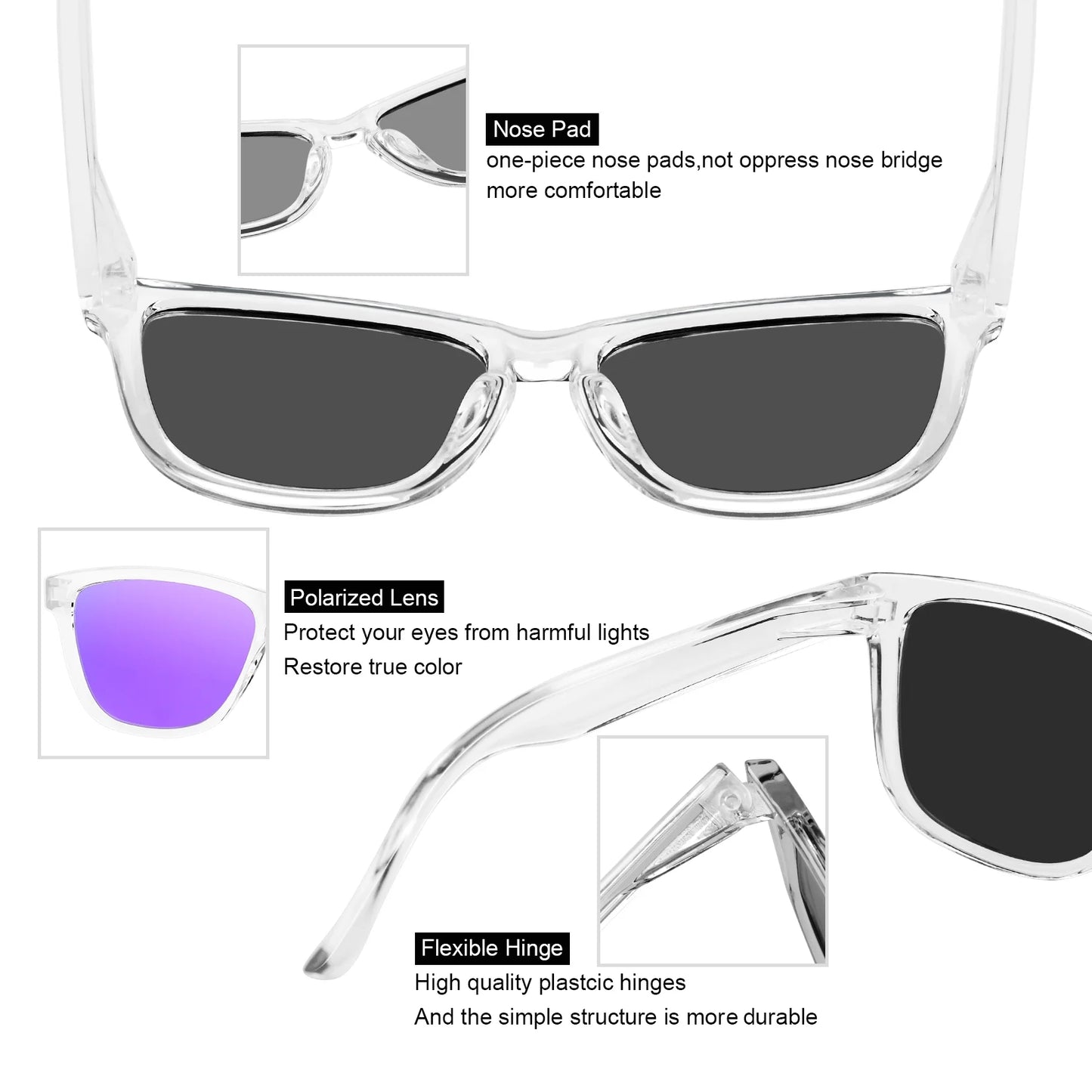 Polarized Sports Sunglasses for Men Women Classic Transparent Frame UV400 Mirrored Lens (Clear Mirrored Purple)